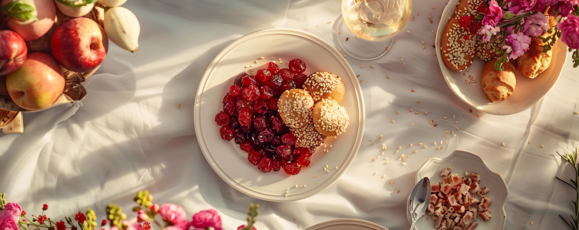 A table set for a celebration, with flowers and fresh fruit